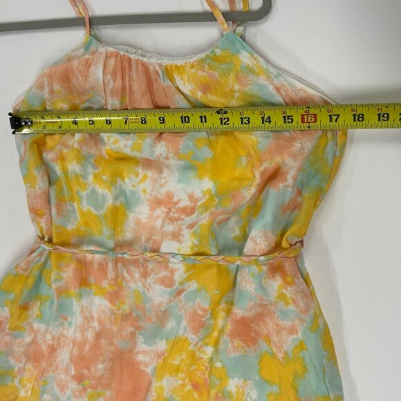 Watercolor Midi Dress Medium Tie Waist Spaghetti Strap Pastel Boho Summer - Picture 6 of 11